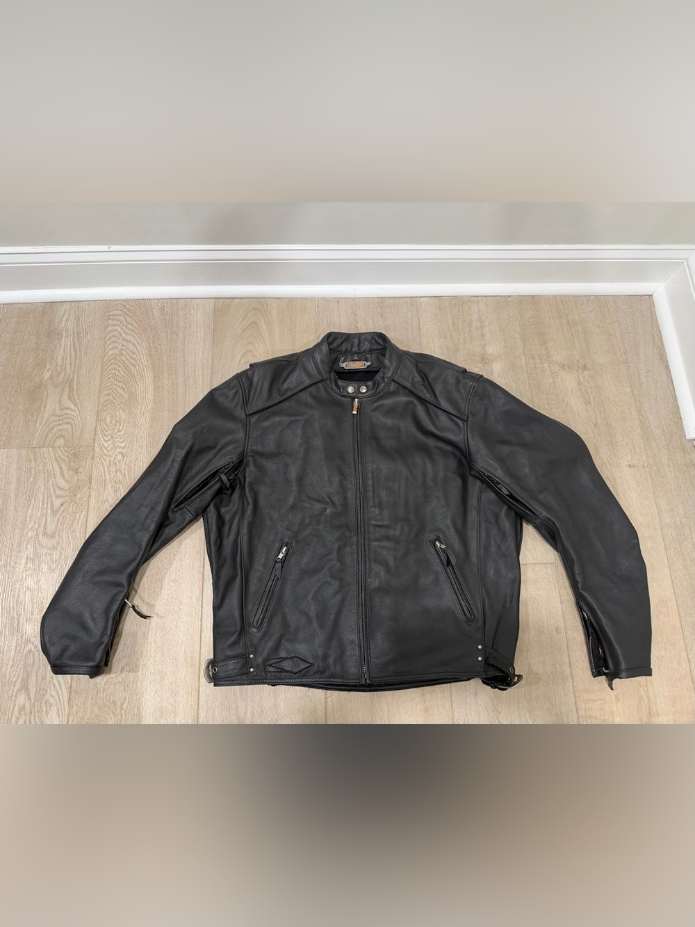 Power Trip Men's Black Leather protective /reflective Motorcycle Jacket - sz 2X